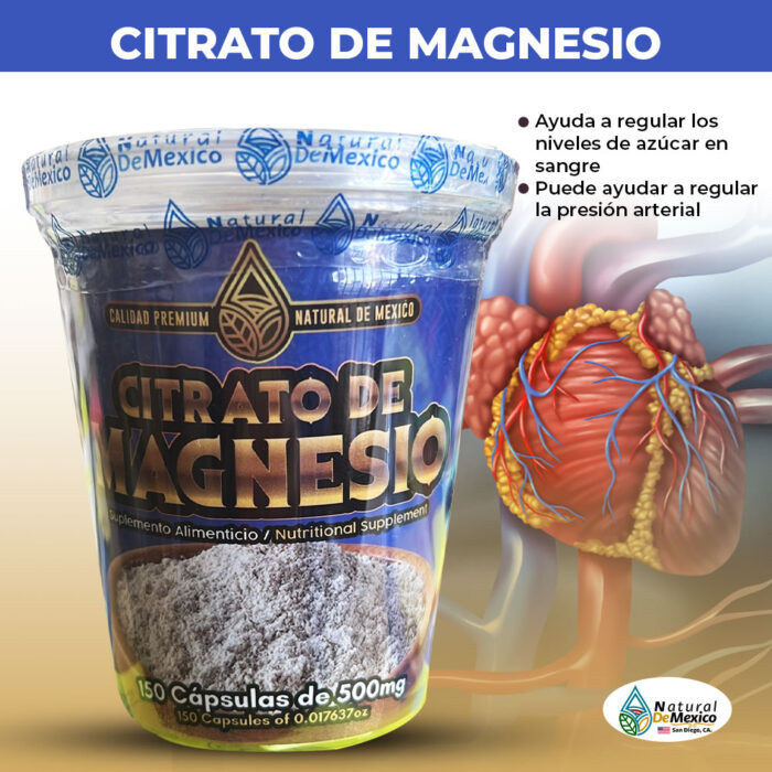 Citrato de Magnesio Suplemento Alimenticio en Vasito 150 Caps. 500mg.