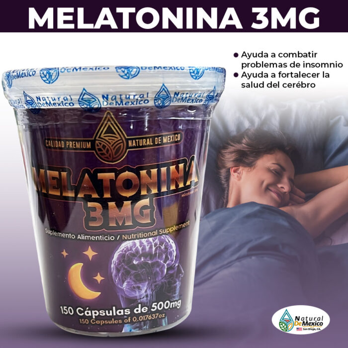 Melatonina 3MG Suplemento Alimenticio en Vasito 150 Caps. 500mg.