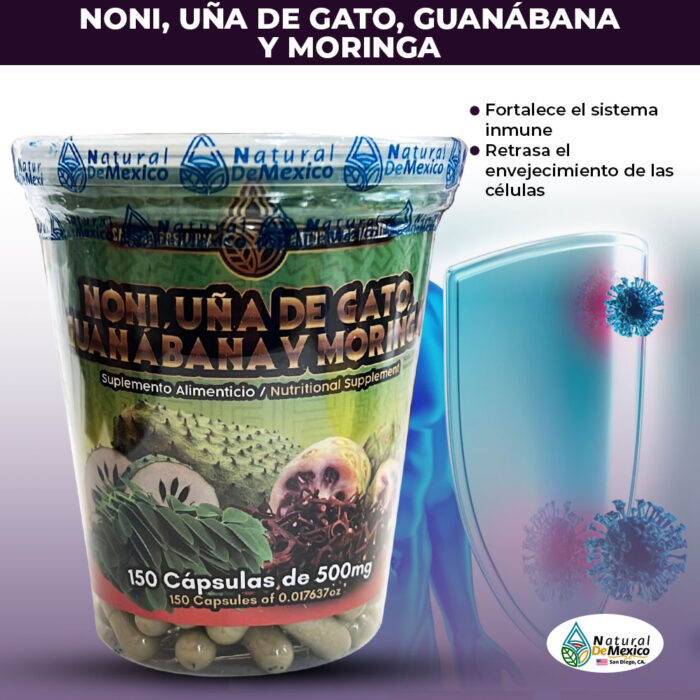 Noni, Uña de Gato, Guanabana y Moringa Suplemento Alimenticio en Vasito 150 Caps. 500mg.