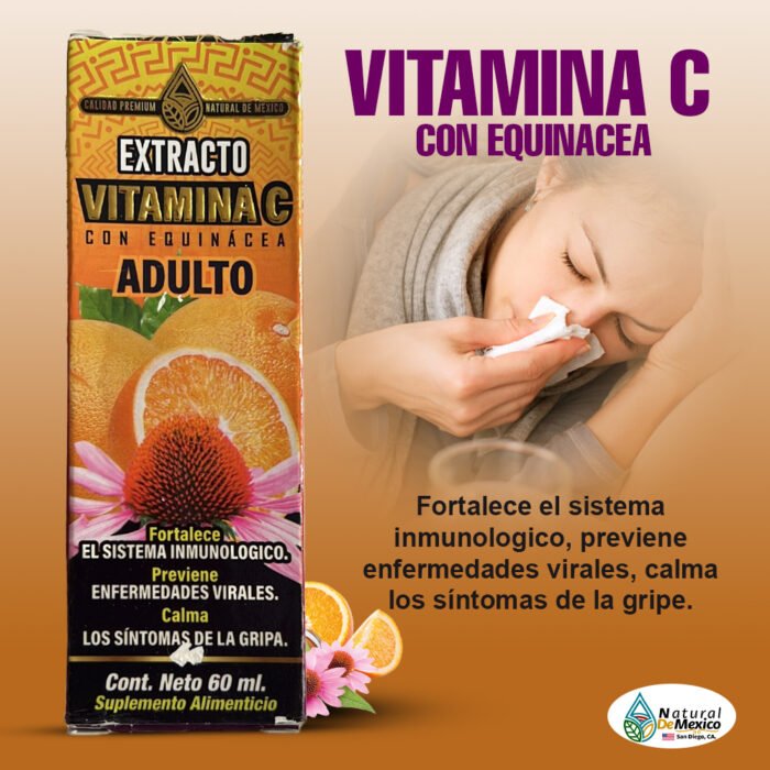 Vitamina C con Equinácea para Adultos Extracto 60 ml. Suplemento Alimenticio Líquido